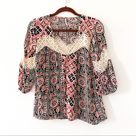 Free People Tops - ✨Free People | Boho Crochet Printed Blouse